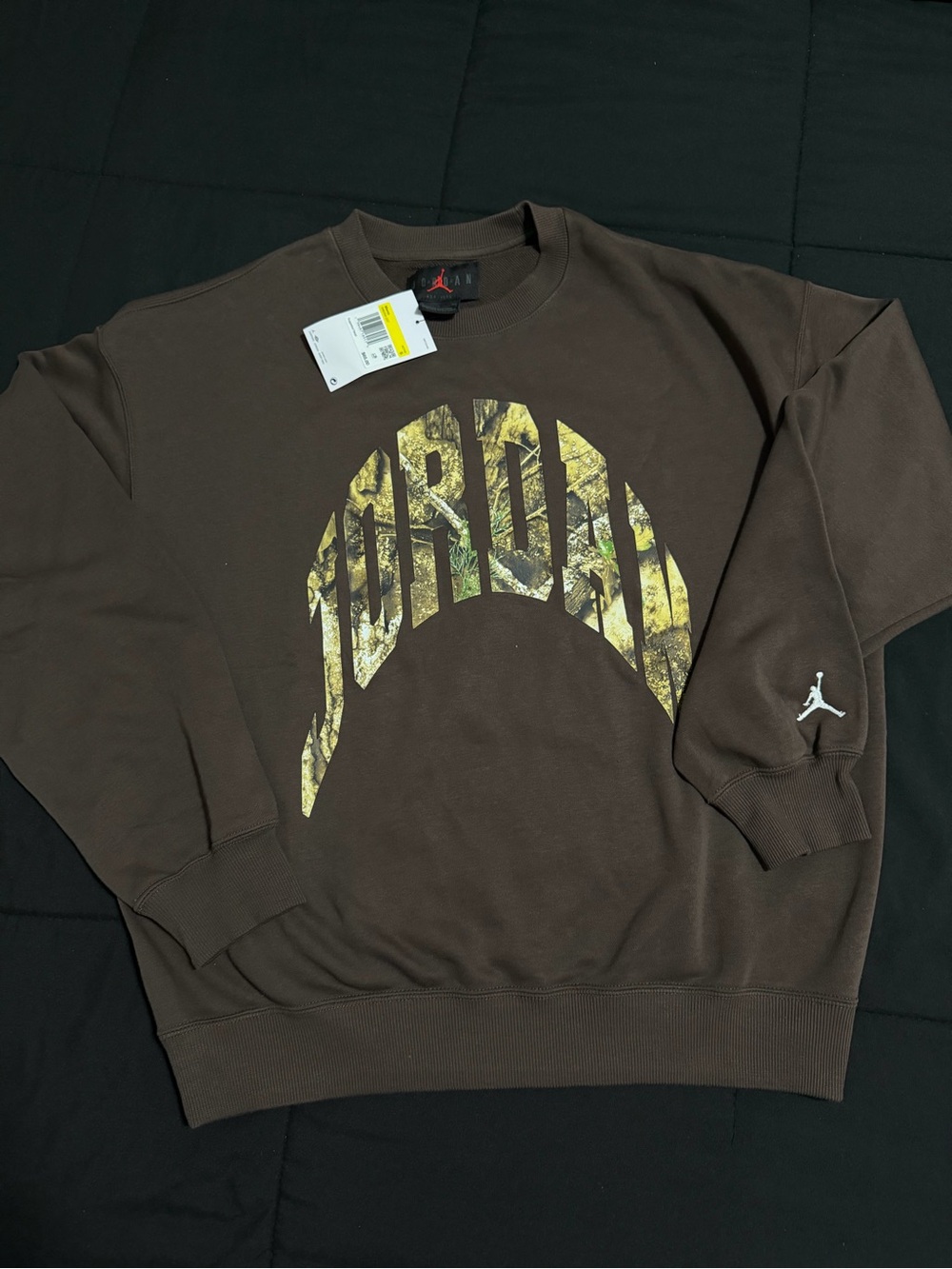 Jordan Brown Crewneck Sweatshirt with Yellow-Green Camo Logo